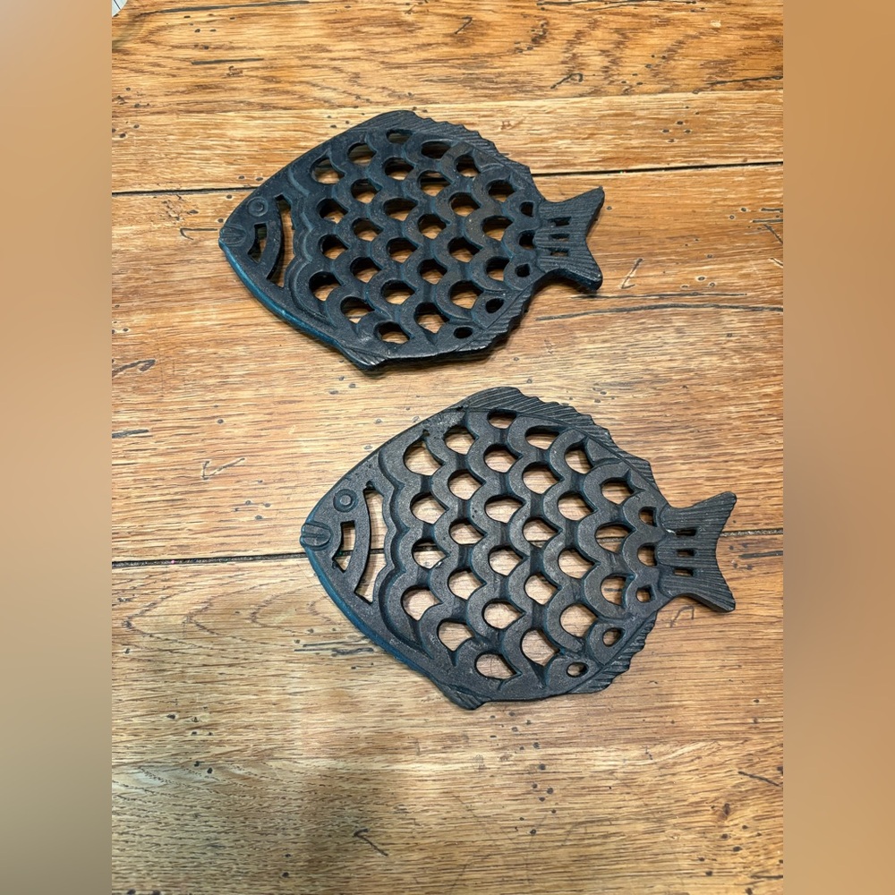 2- MCM Black Fish-Shaped Cast Iron Footed Trivets Beach Fisherman Core